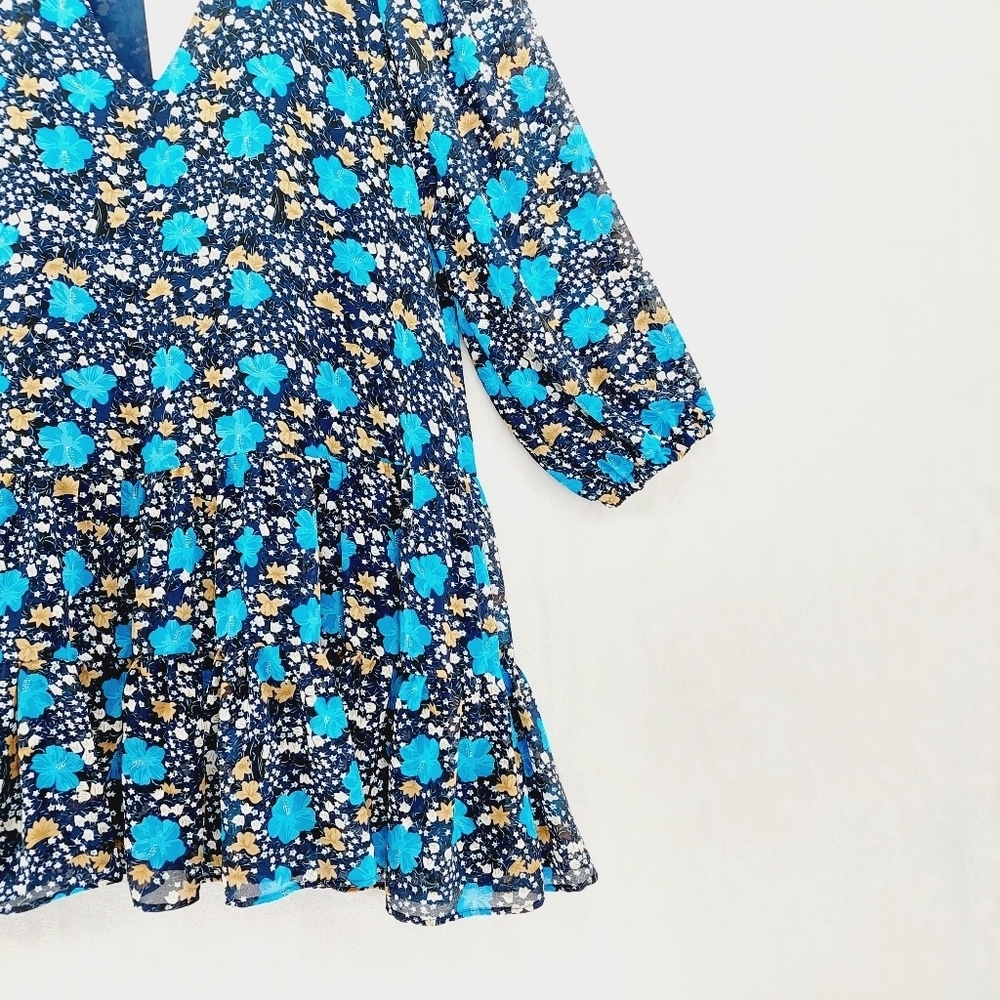Melloday Blue Floral Tiered Tunic V-Neck Puff Sleeve Top Mini Dress P4665 - Picture 4 of 8